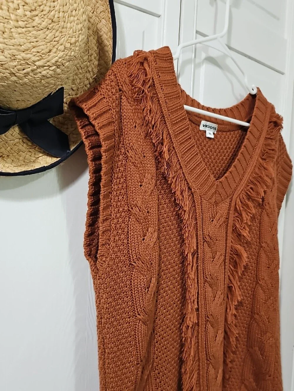 Vigoss Burnt Orange Fringe Cable V-Neck Sweater Vest